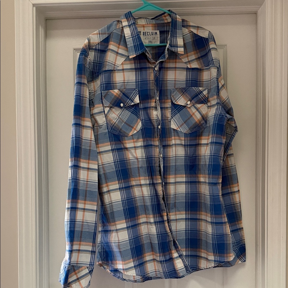 Reclaim Men’s Blue and Orange Plaid Button-Up Shirt